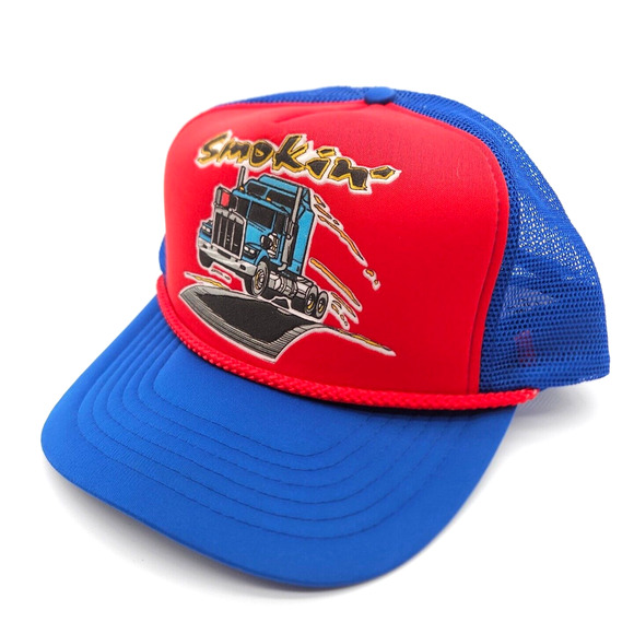 Vintage Smokin Snapback Mesh Trucker Rope Hat‎ Red Blue Cap Trucking Puff Paint - Picture 1 of 7